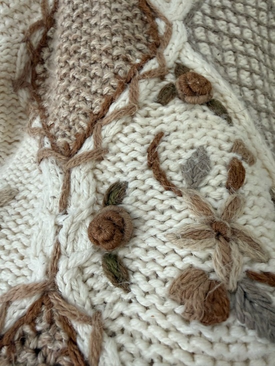 Vintage 90s Sz Lg Cottagecore Grandma Knit Chunky Neutral Sweater Patchwork Tan - Picture 8 of 16